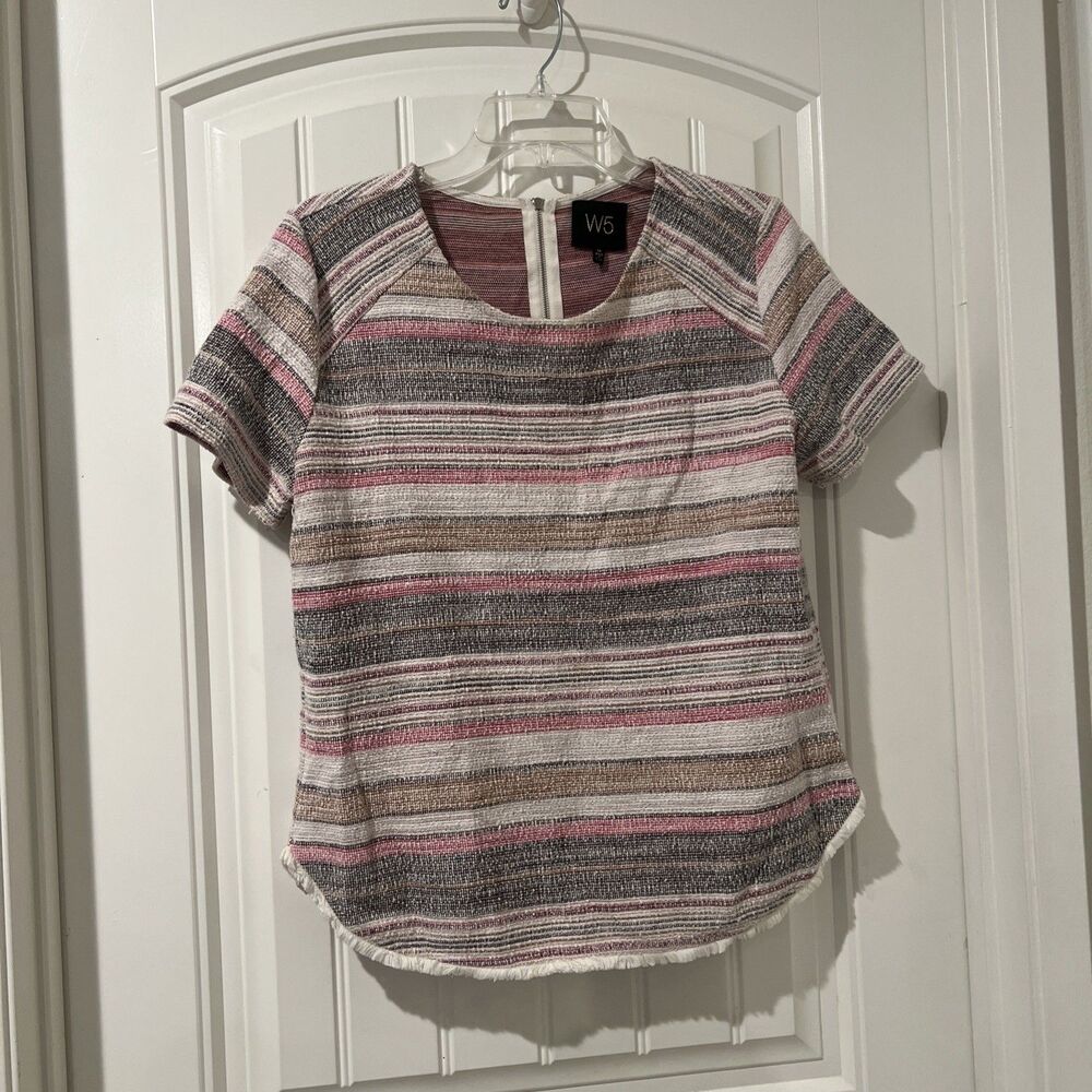 W5 Anthropologie Fringe Trimmed Knit Top Mulitcolor Stripes Textured Back Zip M